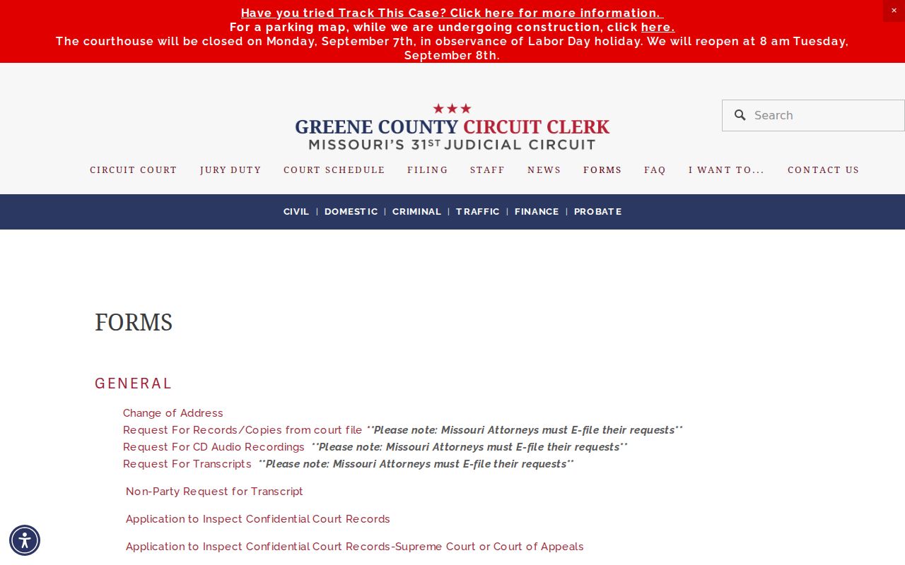 Greene County civil court docket forms and record copy requests