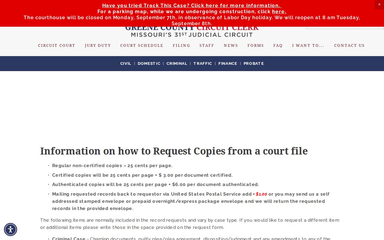 Greene County court docket records copy request information