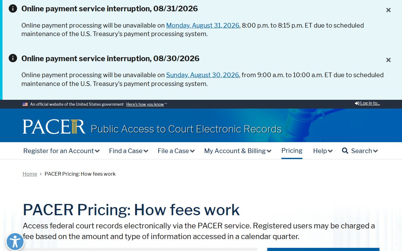 Springfield court docket records PACER fee schedule distinction