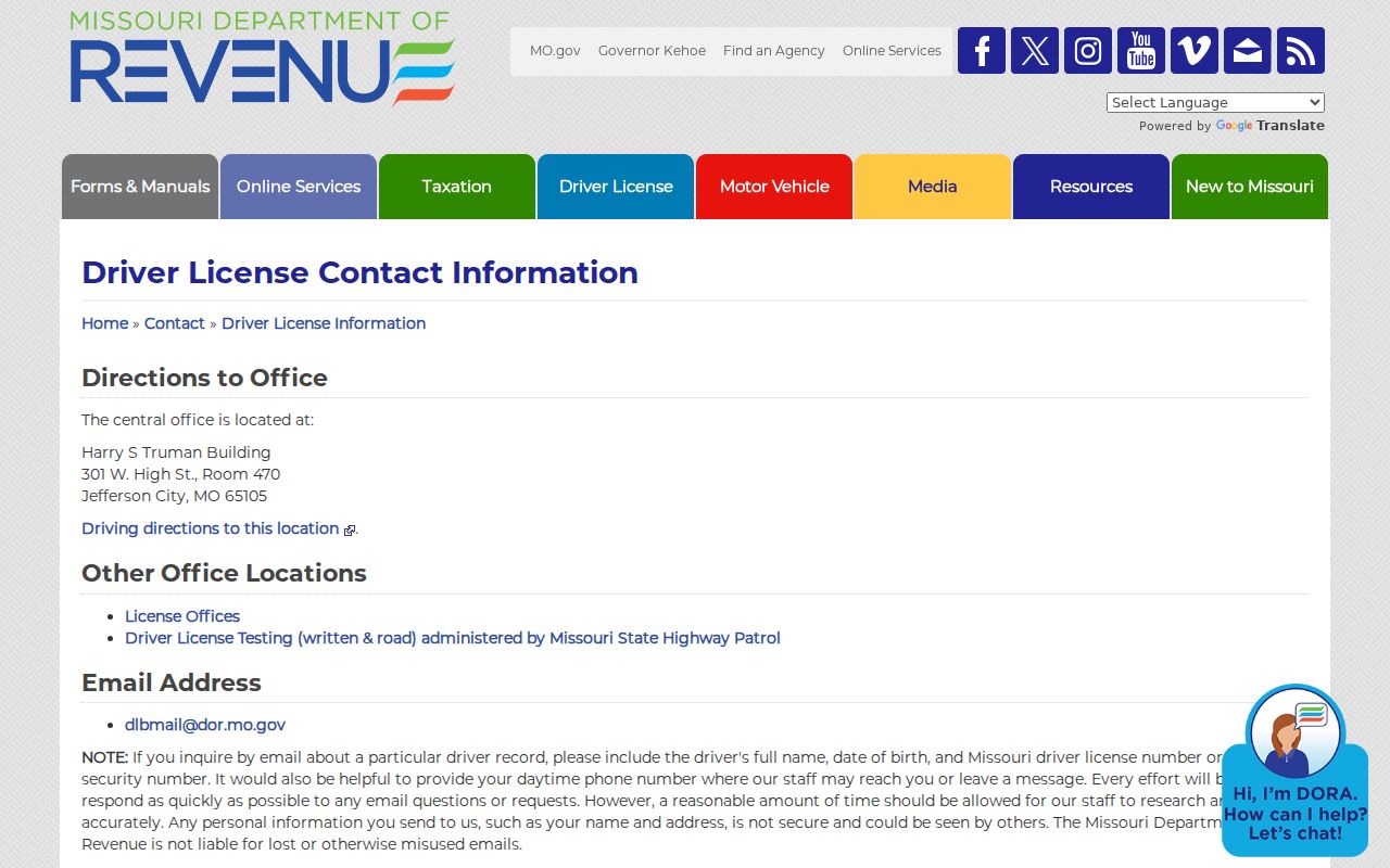 Greene County traffic court records Missouri Department of Revenue contacts