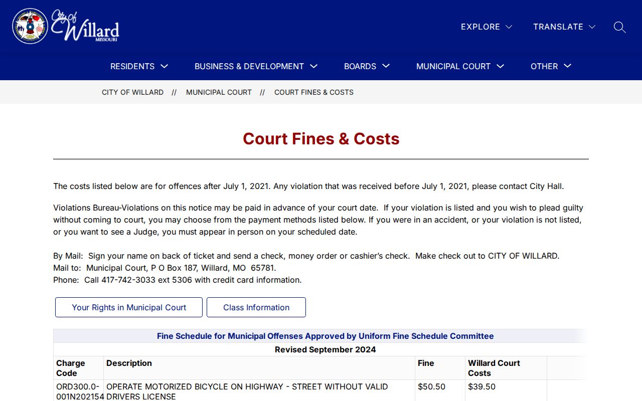 Willard court docket records fines and costs schedule